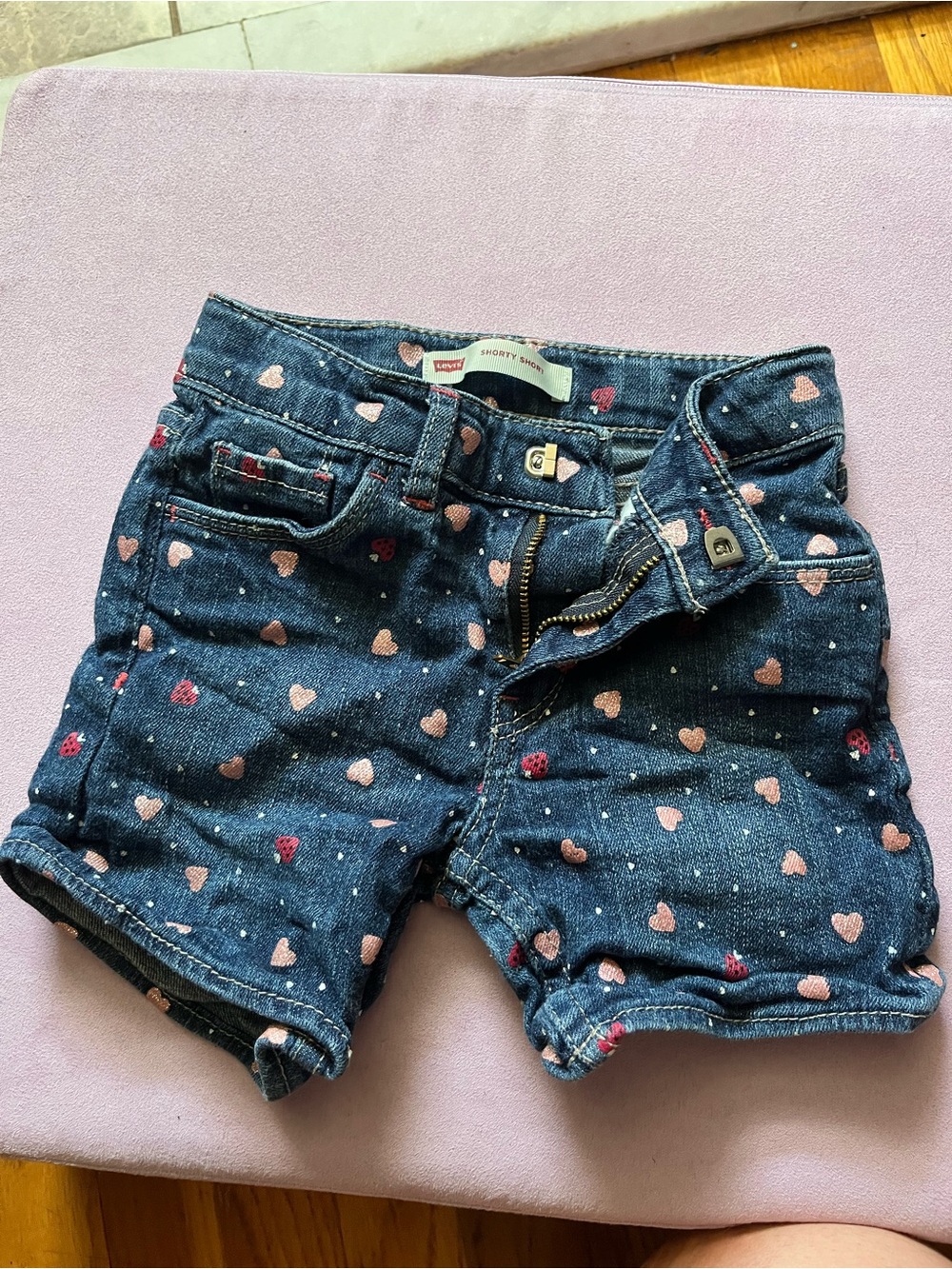 Levi's Girls' Dark Blue Denim Shorts with Pink Heart Print